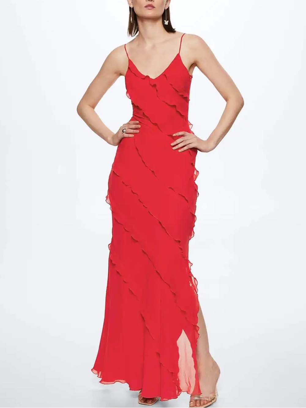 Mango Red Ruffle Maxi Slip Dress